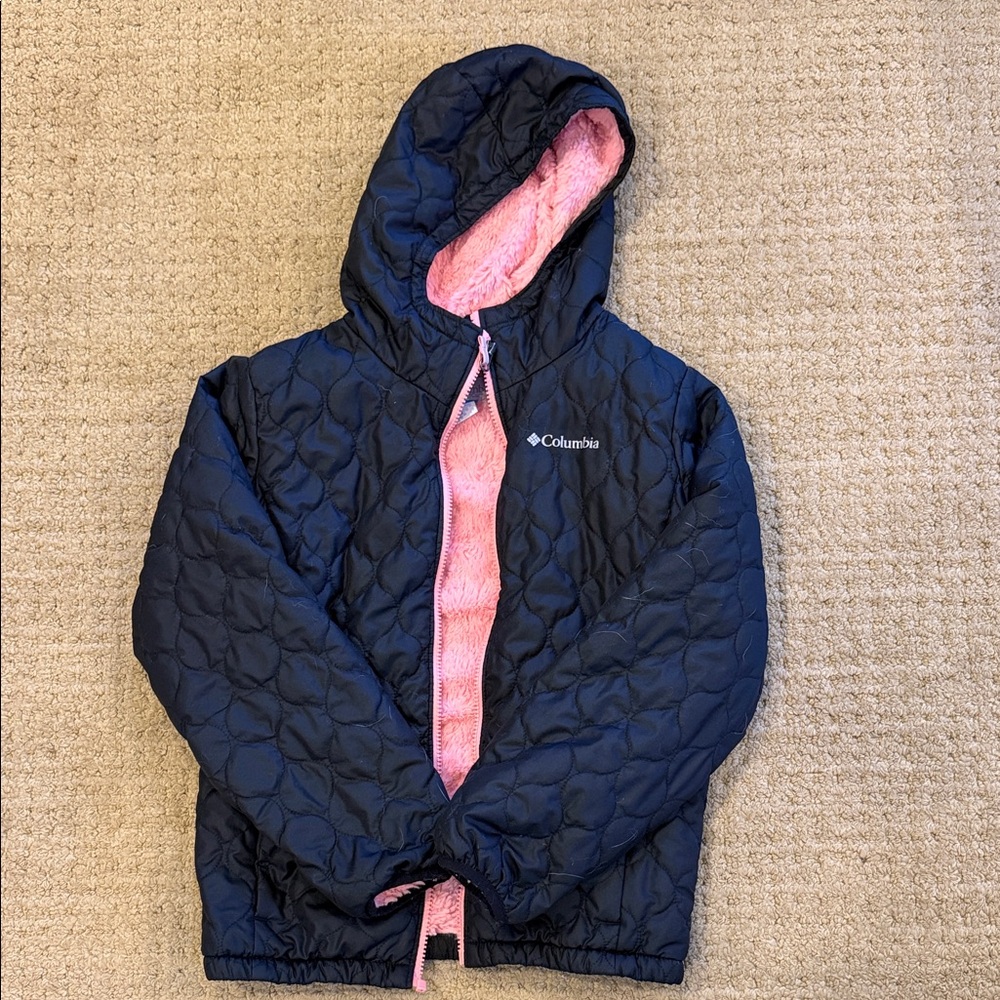 Columbia girls' black Quilted Jacket with Soft Pink Interior